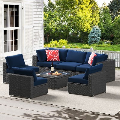 ELJGET 7-Piece Outdoor Patio Furniture Sets, All Weather PE Outdoor Sofa, Garden Wicker Rattan Patio Conversation Set with Coffee Table
