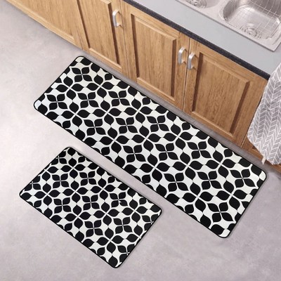 Martha Black and White Geometric Tile Design Kitchen Mat