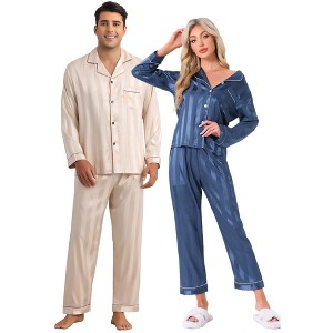 INSPIRE CHIC Couples Satin Pajamas Sets Long Sleeve Button Down Casual 2 Pack Striped Sleepwear - 1 of 4