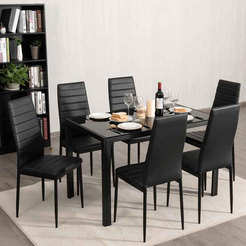 Costway 7 PCS Kitchen Dining Table Set Breakfast Furniture w/ Glass Top Padded Chair, 4 of 13