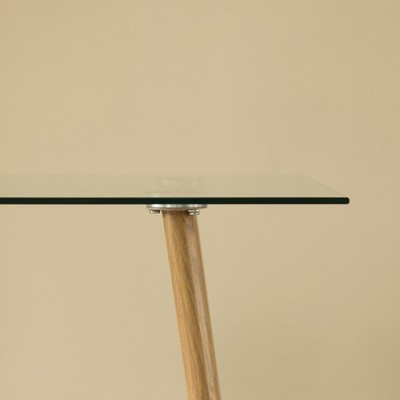 Mid-Century Modern Rectangular Glass Top Dining Table with Wood Legs