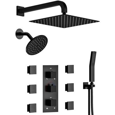 YAWWALK Thermostatic Triple Handles 8-Spray Dual Shower Head Shower Faucet with 6-Jets