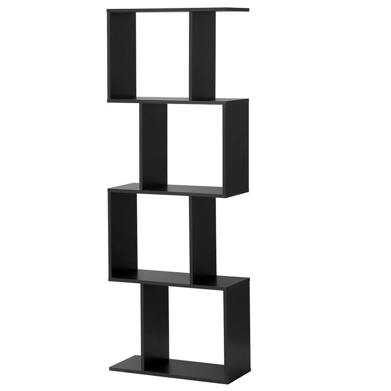 Costway 4-tier S-Shaped Bookcase Free Standing Storage Rack Wooden Display Decor Black, 1 of 11
