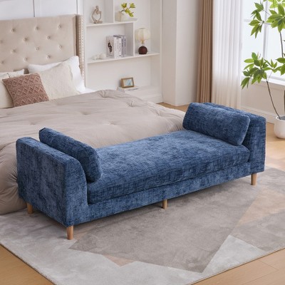 JUJABU 83.1" Modern Chenille Upholstered End of Bed Bench with Armrests and Bolster Pillows – Rubberwood Legs, Blue