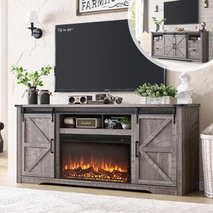 SinCiDo 80 Inch TV Ready Farmhouse Fireplace Stand, 32″ High Entertainment Center with Drawer, Sliding Barn Door & 70″ Media Storage - 1 of 4