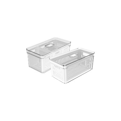 OU Fridge Organizer Bins with Drain Baskets & Vented Lids, Clear Stackable Refrigerator Storage Container, Produce Kitchen Storage Bin, BPA Free