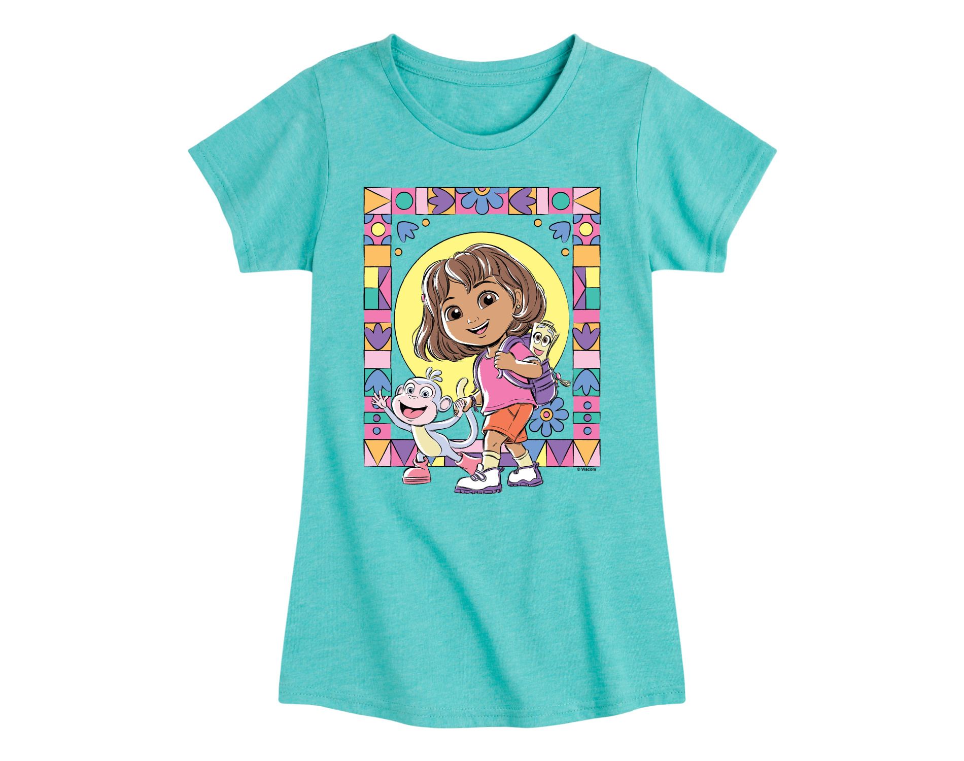 Girls' Dora the Explorer Boots Mosaic Fitted Short Sleeve Graphic T-Shirt - Turquoise - 4T