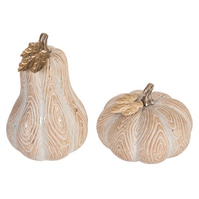 Transpac Large Wood Grain Pumpkin Decor Set of 2 Ceramic Fall Harvest Tabletop Figurines for Autumn Home Decor