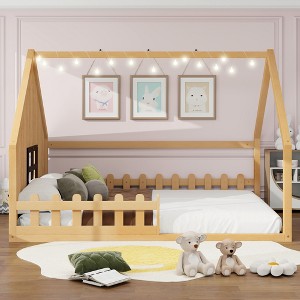 Whisen Full Size Wood House Bed with Window and Fence - 1 of 4