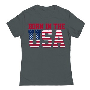 Rerun Island Women's Born In The Usa Flag Logo Black Americana 4Th Of July Short Sleeve Graphic Cotton T-Shirt - 1 of 4