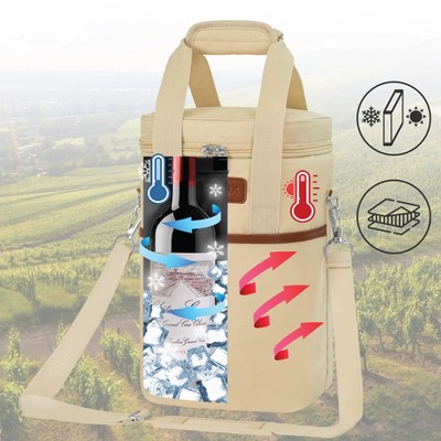 Cream Beige Insulated 4-Bottle Wine Tote Carrier with PU Leather Trim