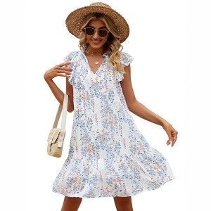 Women's Babydoll Mini Dress Summer V Neck Flutter Sleeve Boho Floral Flowy Shift Short Dress - 1 of 1