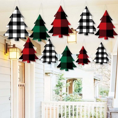 Big Dot of Happiness Hanging Holiday Plaid Trees - Outdoor Buffalo Plaid Christmas Party Hanging Porch and Tree Yard Decorations - 10 Pc