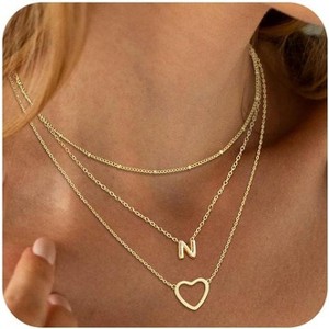 14K Gold Plated Initial Necklace, Layered Heart & A-Z Letter Personalized Gift for Women - 1 of 4