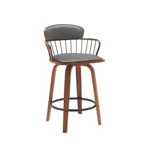 HomeRoots 26" Gray And Wood Brown Faux Leather Swivel Low Back Counter Height Bar Chair - 1 of 4