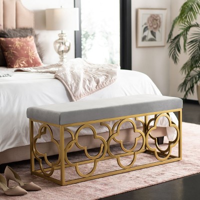 Elegant Fleur Quatrefoil Bench in Gray Velvet and Gold Finish