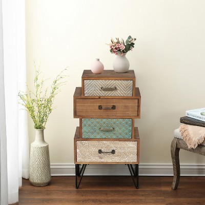 Mid-Century Brown 4-Drawer Wood Accent Chest with Metal Legs