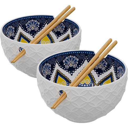 American Atelier Stoneware Ramen Bowl With Chopsticks Set Of 2 Soup Bowl,  6 Diameter 21 Oz, Medallion Blue & Yellow Star Design : Target