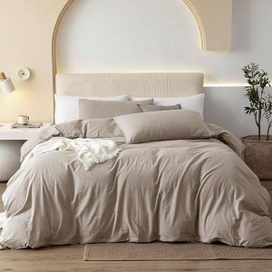 100 Washed Cotton Duvet Cover Set, Queen, 90x90 Inches, 2 Pillowcases, Linen Feel, Breathable, Heathered Tannish Linen Grey - 1 of 4