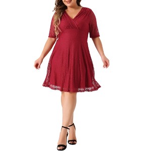 Agnes Orinda Women's Plus Size V Neck Swing Cocktail Wedding Midi Lace A-Line Dress - 1 of 4