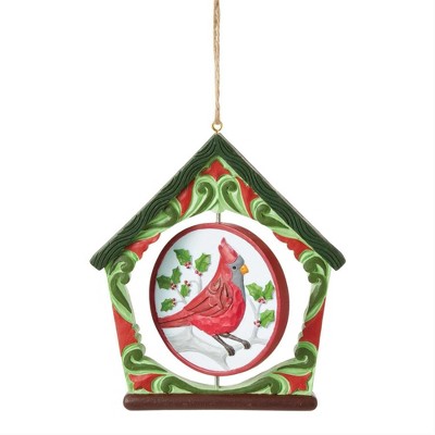 Red and Green Resin Birdhouse Ornament with Rotating Cardinal