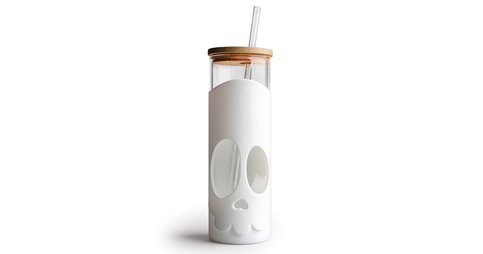 Ototo 17 fl oz Bonesy Glass Tumbler with Lid and Straw, Silicone, Glass, and Bamboo White