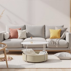 FurnitureR 2-Tier Round Coffee Table with Fabric Storage Basket, Modern 29.53-Inch Accent Center Table for Living Room Bedroom Office, White/Camel - 1 of 4