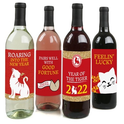 Big Dot of Happiness Chinese New Year - 2022 Year of the Tiger Decorations for Women and Men - Wine Bottle Label Stickers - Set of 4