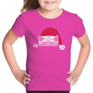 LA Pop Art Christmas Peeking Cat - Girl's Word Art T-Shirt - 1 of 4
