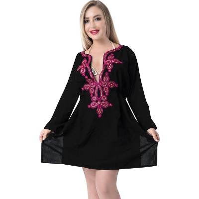 LA LEELA Women's Loose Beachwear Dress Vacation Swimwear Swim Suit Holiday Summer Short Beach Dress Flowy Bathing Suit Cover Ups 8-12 Black, Solid
