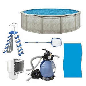 Aquarian Khaki Venetian 18' x 52" Circle Round Above Ground Swimming Pool Kit with Sand Filter and Pump, A-Frame Ladder for Backyards - 1 of 4