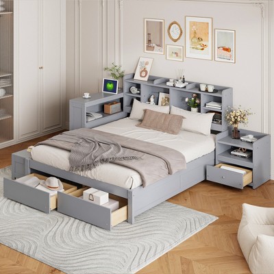 Full Size Platform Bed with Storage Headboard, Nightstand, 2 Drawers, USB Ports and Desk, White/Gray-ModernLuxe