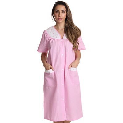 Dreamcrest Womens Short Sleeve Duster, Seersucker Gingham Housecoat Women Sleepwear Embroidered Snap Front Nightgown