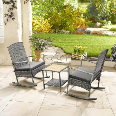 Gray PE Rattan Rocking Chair Set with Cushions and Wood Table