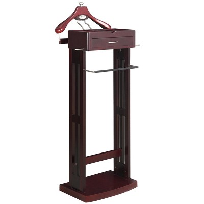 Proman Products Norstar Suit Valet Stand VL16245 with Detachable Hanger, Trouser Bar, Tie Bars, Mirror Tray & Drawer, 20”W x 15” D x 49”H, Mahogany