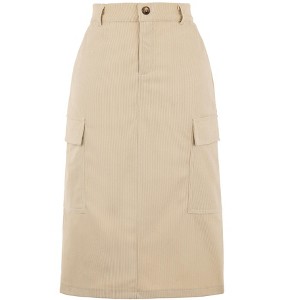 Allegra K Women's High Waisted Elastic Back Corduroy Midi Cargo Skirts with Pockets - 1 of 4
