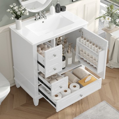 JUJABU 30" Freestanding Bathroom Vanity with Ceramic Basin, Soft-Close Door, 3 Drawers & Storage Shelves