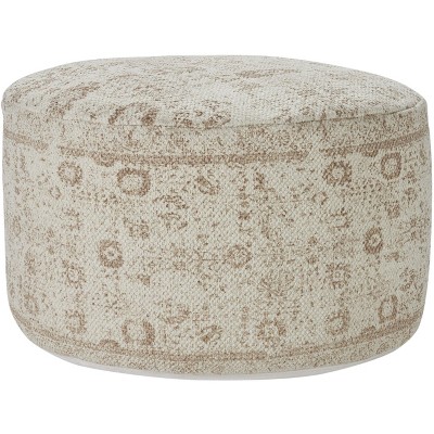 Ivory Beige Cotton Upholstered Round Pouf with Faux Leather Handle