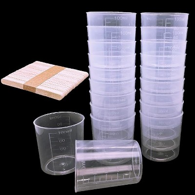 JDICTION 24 Pcs Clear Plastic Graduated Cups 100ml/3.4oz With 50 Wooden Sticks For Epoxy Resin Mixing Paint