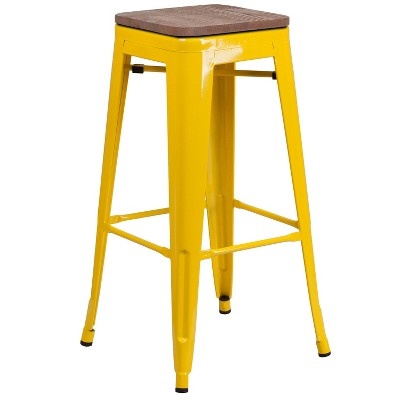 Flash Furniture 30" High Backless Metal Barstool with Square Wood Seat