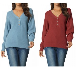 INSPIRE CHIC Women's Long Sleeve V Neck Button Front Solid Ribbed Knit Pullover Sweaters 2 Packs - 1 of 4