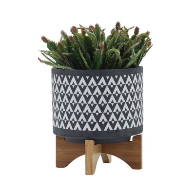 VisioGear 8" Tall Round Planter with Wooden Stand, Plant Pots for Living Room, Bedroom, Gray, 8"*8"*9"