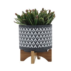 VisioGear 8" Tall Round Planter with Wooden Stand, Plant Pots for Living Room, Bedroom, Gray, 8"*8"*9" - 1 of 4