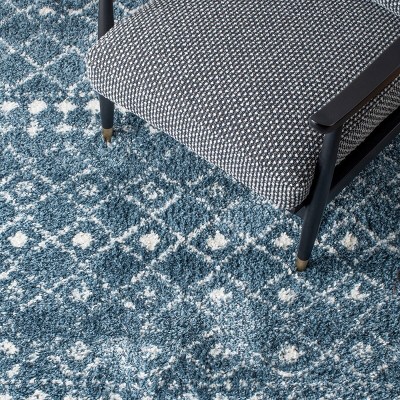 Square Blue and Ivory Synthetic Shag Area Rug