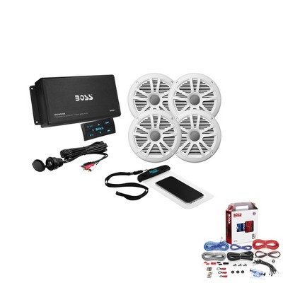  Boss Marine Audio ASK904B.64 Car Amplifier, Speakers, USB Cable & Phone Pouch With 8 Gauge Complete KIT2 Installation Wiring Kit 