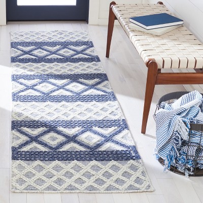 Handwoven Blue and Ivory Wool Runner Rug