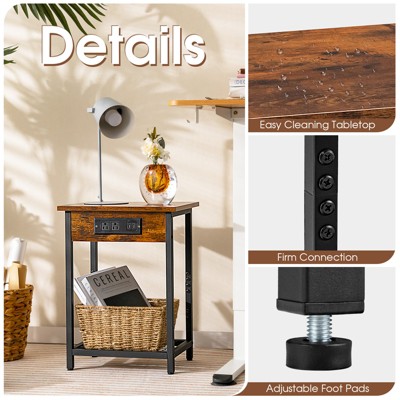 Rustic Brown Industrial End Tables with Charging Station, Set of 2