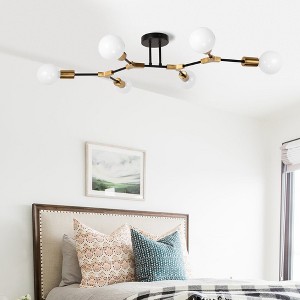 YANSUN 35 in. 6-Light Black and Gold Modern Sputnik Semi-Flush Mount, Mini Chandelier for Bedroom Living Room Hallway - 1 of 1