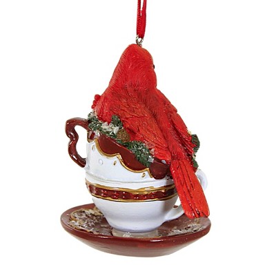 Festive Cardinal in Holly Teacups Resin Ornament Set