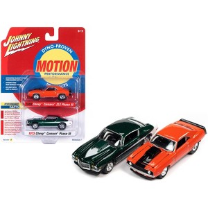1969 Chevrolet Camaro ZLX Phase III Hugger Orange w/Black & 1973 Phase III Dark Green 1/64 Diecast Model Cars Johnny Lightning - 1 of 3